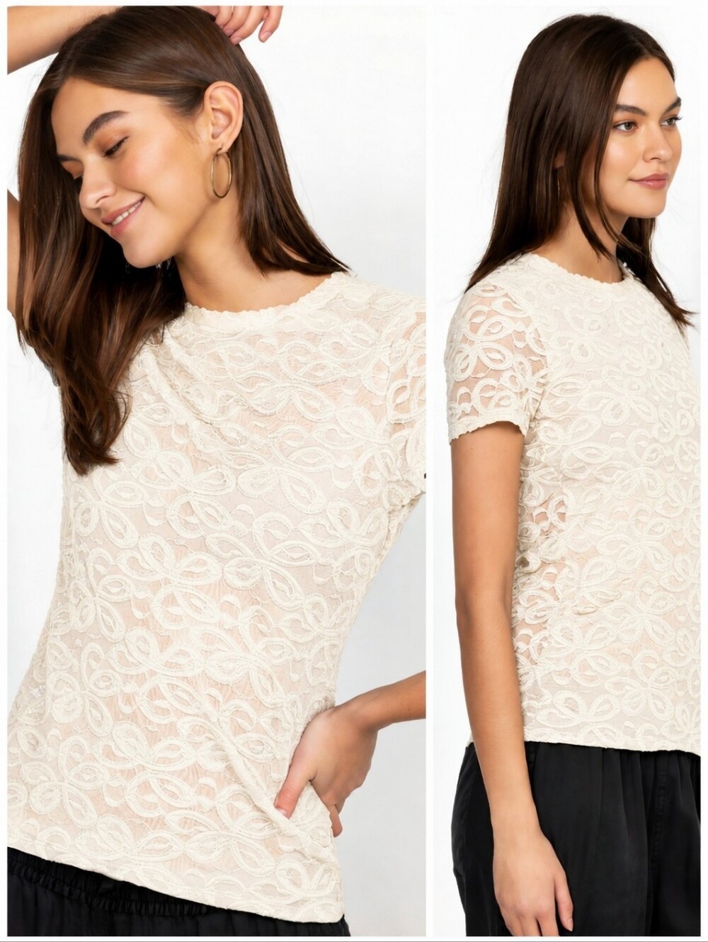 Johnny Was Lace Embroidered Cream Mesh Short Sleeve Astrid Top, L